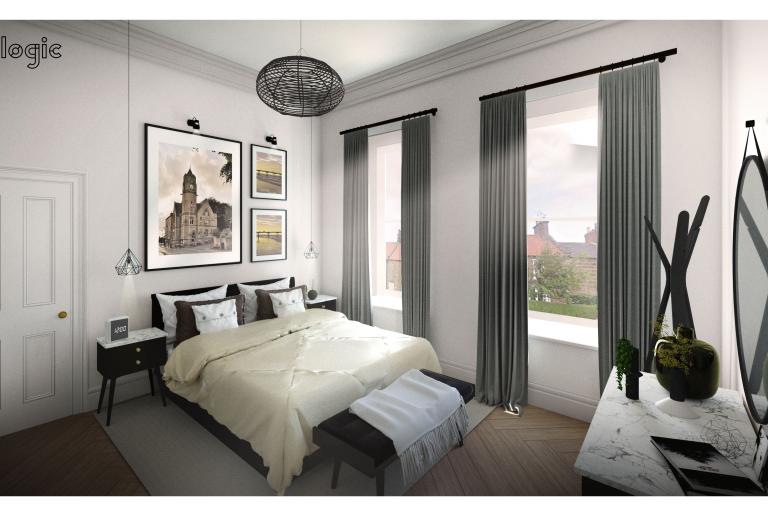 Artist impressions of the bedroom inside the former Barclays Bank building.