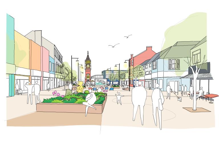 Artist impression of what the high street could look like from an eye level perspective. 