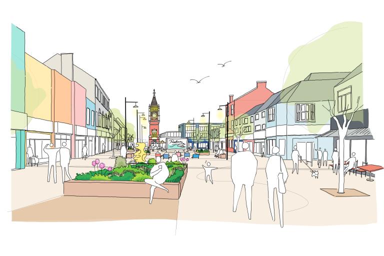 Artist impression of what the high street could look like from an eye level perspective.