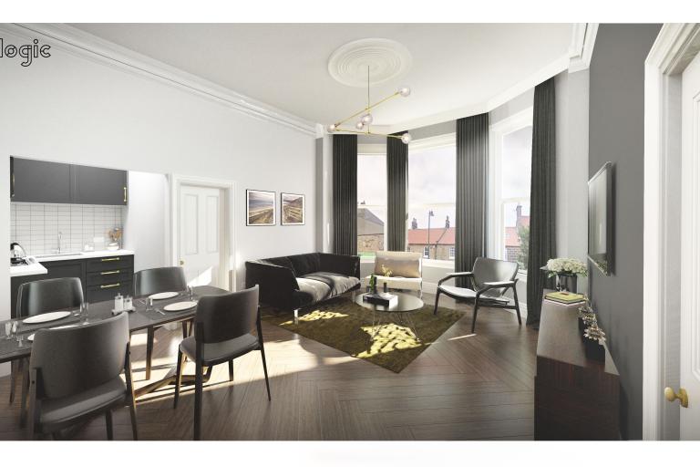An artist impression of the living space inside the former Barclays Bank building.