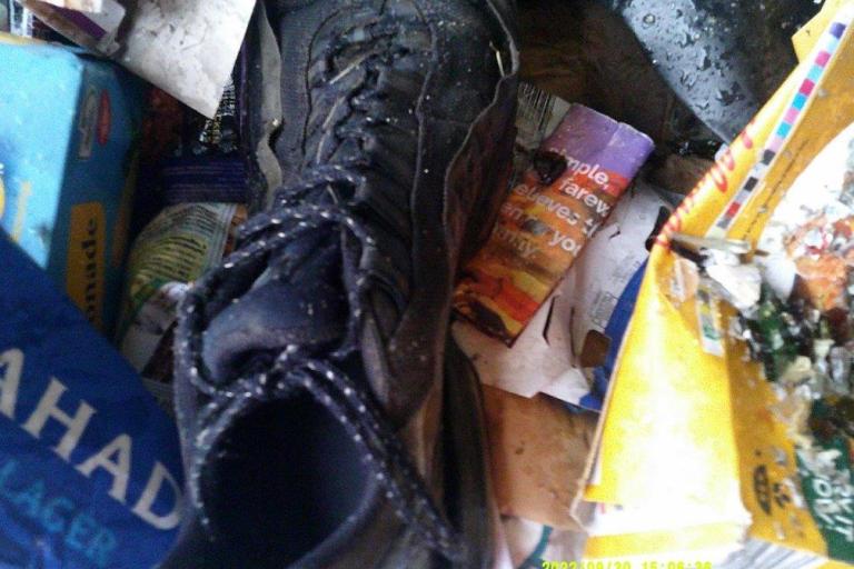 Image of a shoe and food waste thrown with recycling.