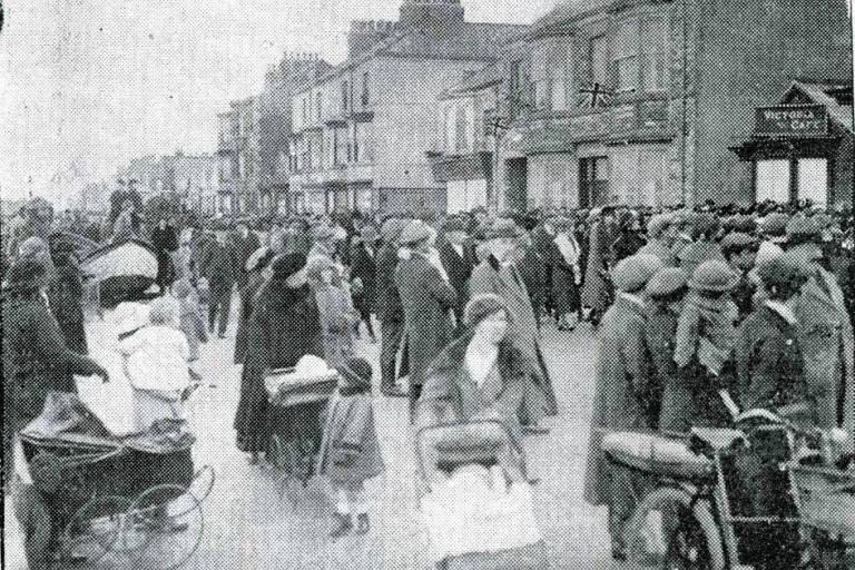 Old black and white picture of the crowds outside Palace for Redcar Borough Council's Inauguration which took place on 9-11-1922