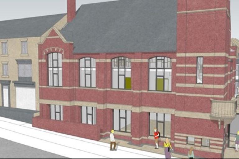 CGI of what the united reform church in loftus may look like. A red-brick building with several large windows with view to the street.