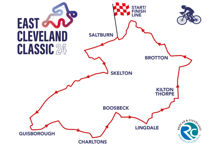 Map showing the route for East Cleveland Classic starting and finishing at Saltburn and going through Kilton Thorpe, Lingdale, Boosbeck, Charltons, Guisborough and Skelton.