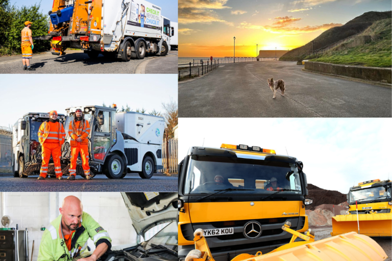 Image showing some of the services GEE provides. Image show a man working on an van engine, two men in orange stood in front of a street sweep, a man in orange walking behind a bin wagon, two yellow gritters and an image of Saltburn with a dog in the foreground.