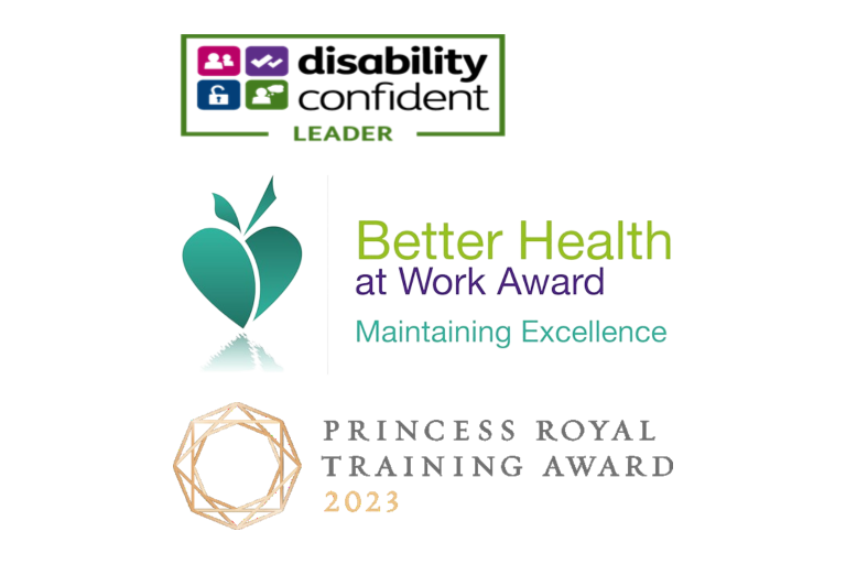 Three logos positioned one above the other. From top to bottom there is the "Disability Confident" logo, the "Better Health at Work Award" logo and the "Princess Royal Training Award 2023" logo
