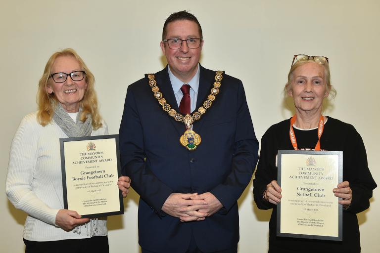 Grangetown Netball Club and Grangetown Boysie Football Club with the Mayor of Redcar and Cleveland