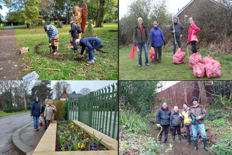 Four images of volunteers undertaking litter picking and gardening.