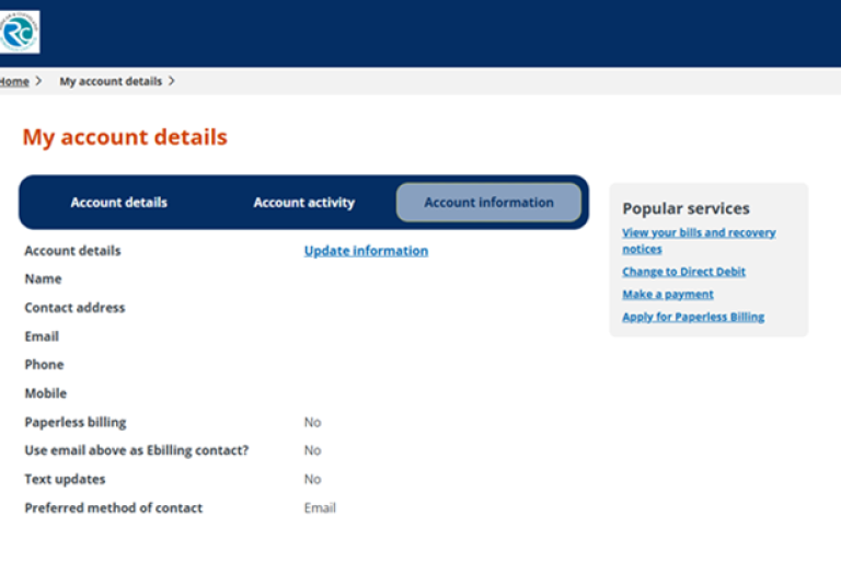 Image showing a online portal dashboard. It includes various information but the pertinent information is the underlined link that reads 'update information' in the middle of the screen.