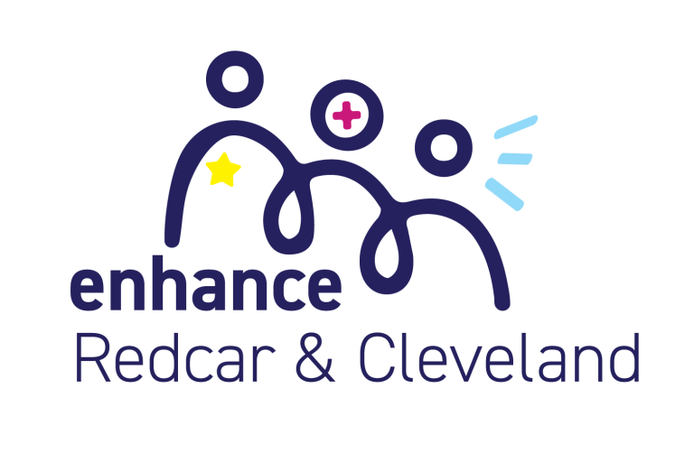 Image showing the logo for Enhance Redcar & Cleveland. The logo is line drawing depicting 3 individuals looking like they are having a conversation. The words read 'enhance Redcar and Cleveland'