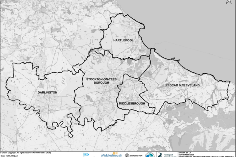 Image shows a map of the Tees Valley with the borders for each local authority outlined.