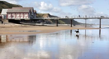 Image of saltburn beach with a black and white dog running in the background