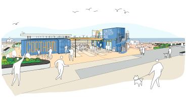 Artist impression of the coastal activity hub. Includes blue containers with the word coatham in yellow, pianted on the side.