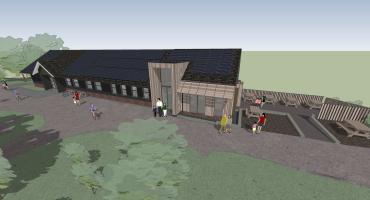 CGI design of a building in a green space