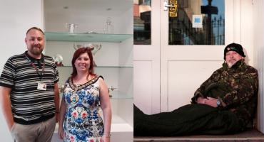 There are two images attached together in one picture. On the left hand side there are a man and a woman standing in front of white shelves holding trophies and certificates. On the right hand side there is a man lying down outside a building with a white door behind him.