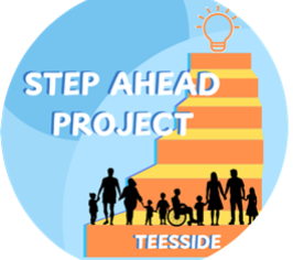 A round logo of Step Ahead Project