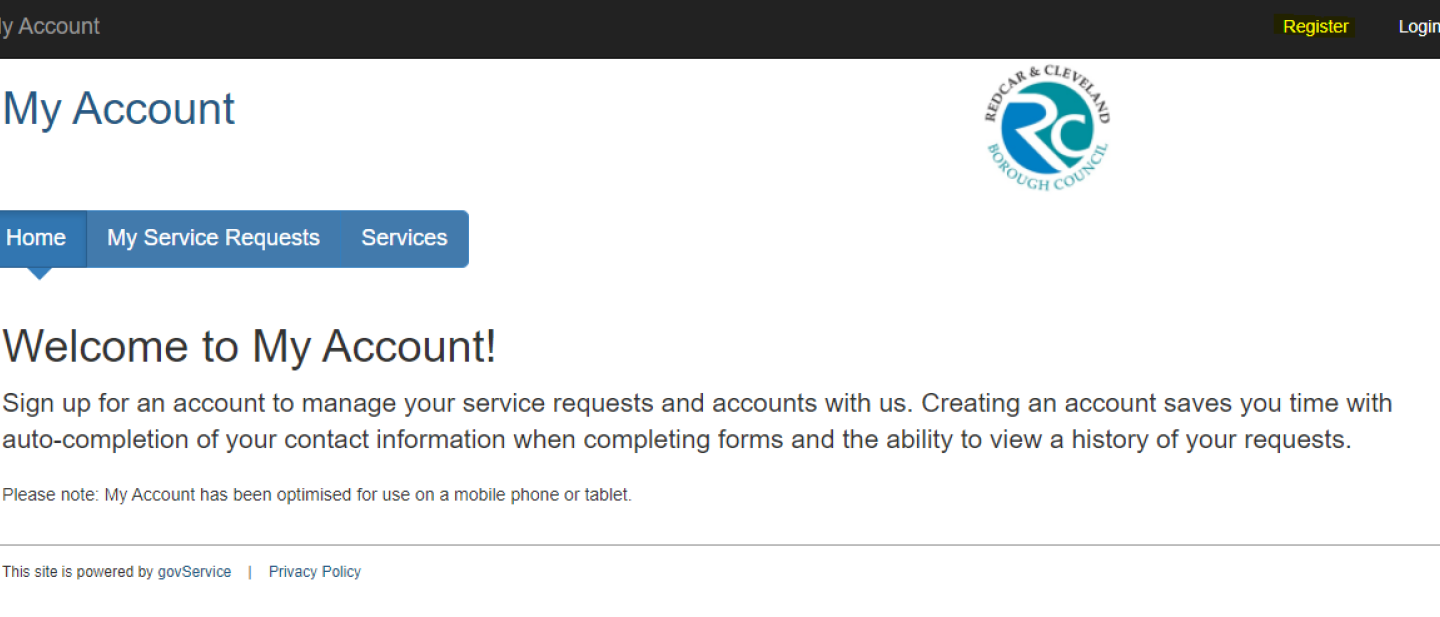 Image of the my account homepage with the register function highlighted in yellow