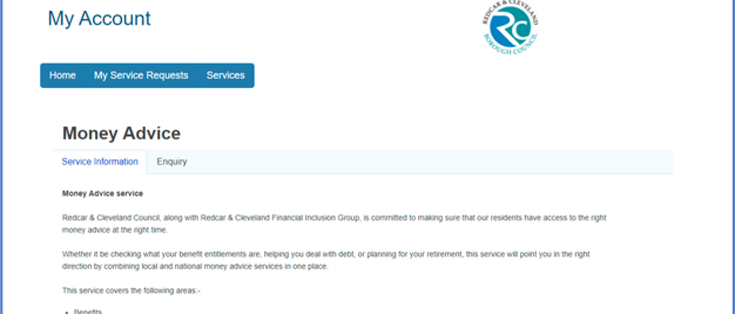 Image of the money advice service page on the myaccount system