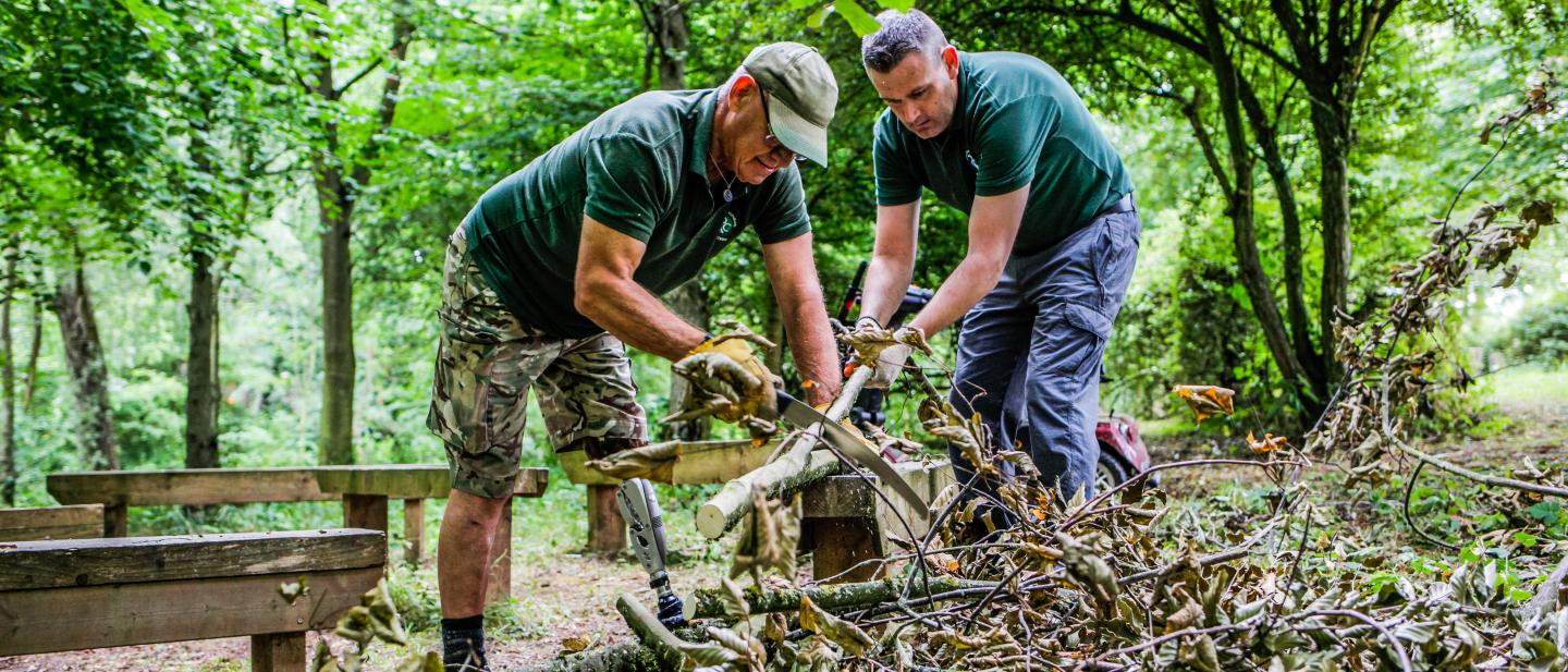 Image of two men wearing green shirts cutting wood. 