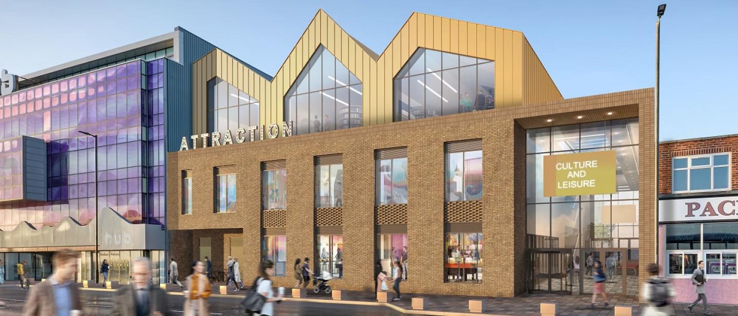 Concept imagery of the leisure attraction in Redcar. The frontage is gold with light brown cladding beneath.