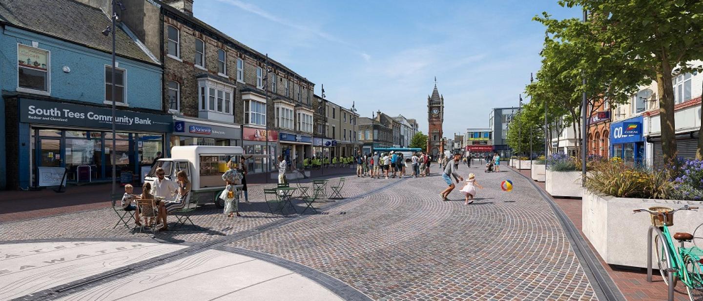 Concept image of how Redcar Town Centre could look following completion of works. The image includes how the new brickwork, building frontage and planters will look.