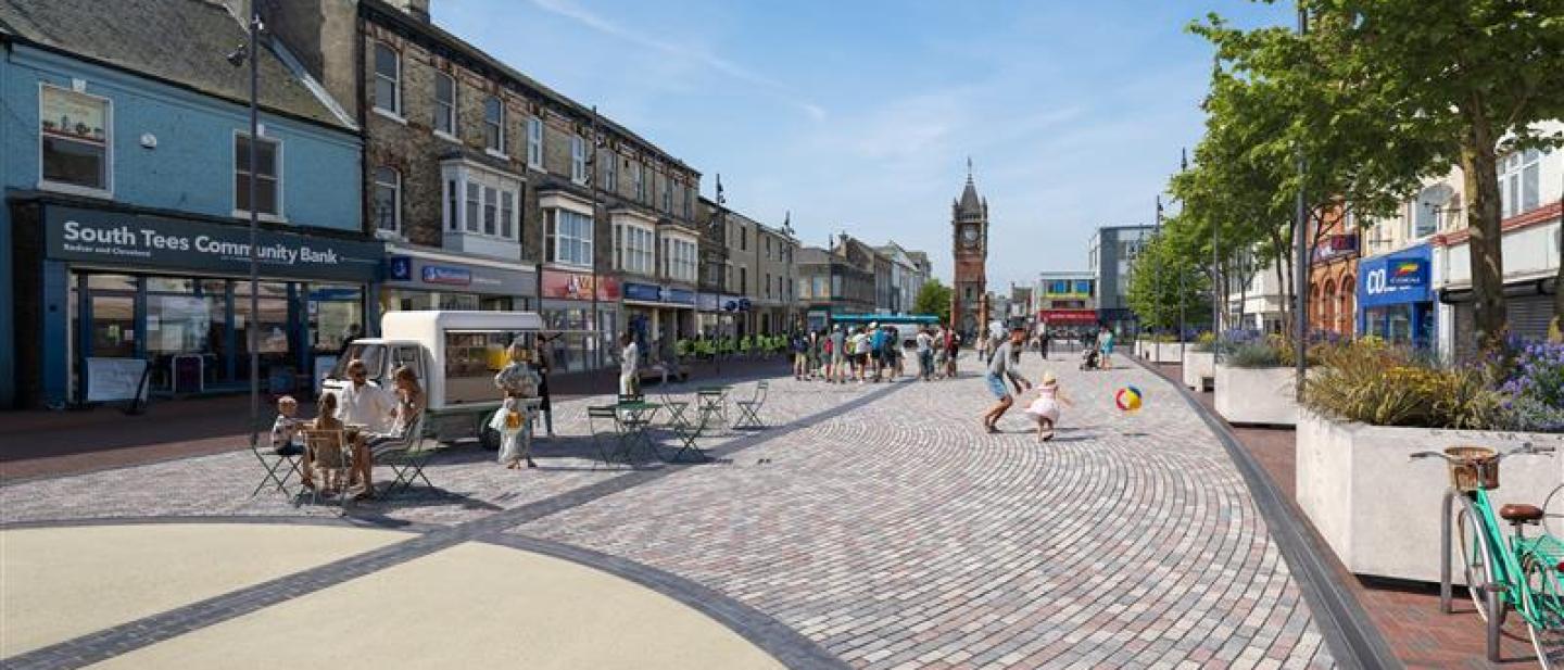 CGI image of Redcar High Street showing how the high street will look following works. There are planters with trees in the foreground and new brickwork in the background.