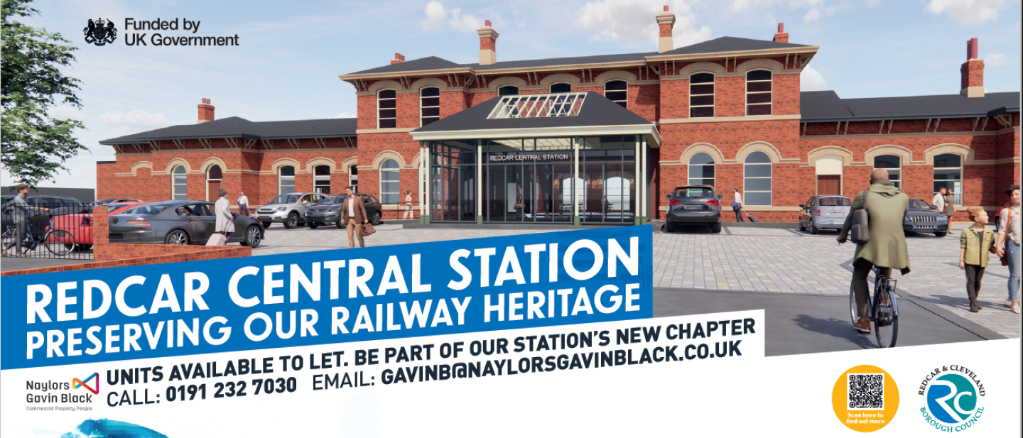 CGI of Redcar central station. The overlaid text reads 'Redcar Central Station - preserving our railway heritage' The further text reads 'units available to let. be part of our station's new chapter' 