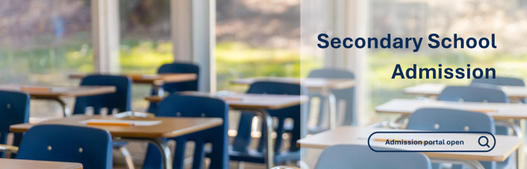 Decorative image showing rows of tables and chairs in a classroom. The overlaid words read 'Secondary School Admissions - Admissions Portal Open'