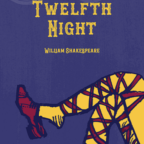 Poster of the outdoor theatre show "Twelfth Night" showing a cartoonish representation of two legs crossed. 
