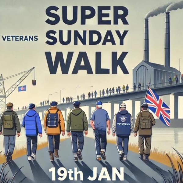 Drawing of men walking wearing various outfits. One is carrying a union jack flag.