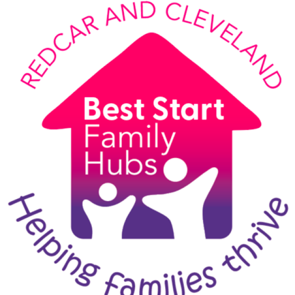 Image showing the family hubs logo - text reads Redcar and Cleveland best start family hubs helping families thrive'